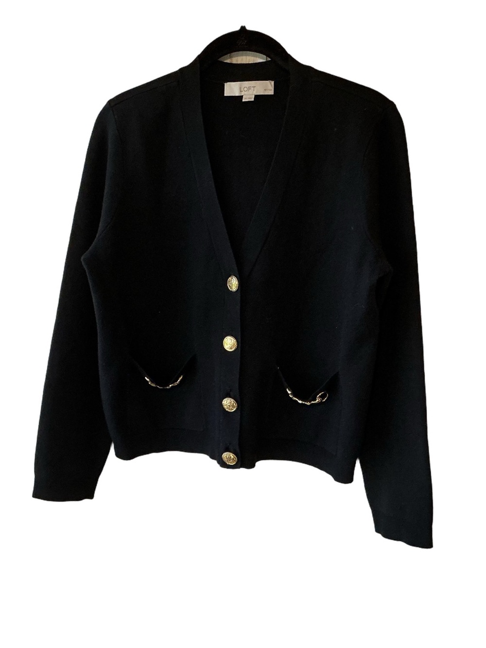 LOFT Black Knit Cardigan Jacket Gold Crest Buttons and Horsebit Chain Detail MP